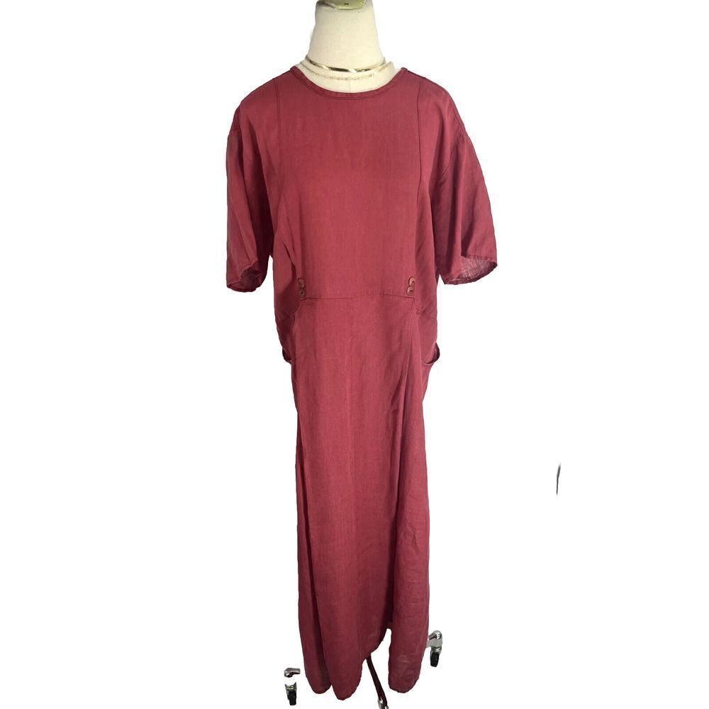 Vtg FLAX by Jeanne Engelhart Red Maxi Dress Size‎ Large Long 100% Linen